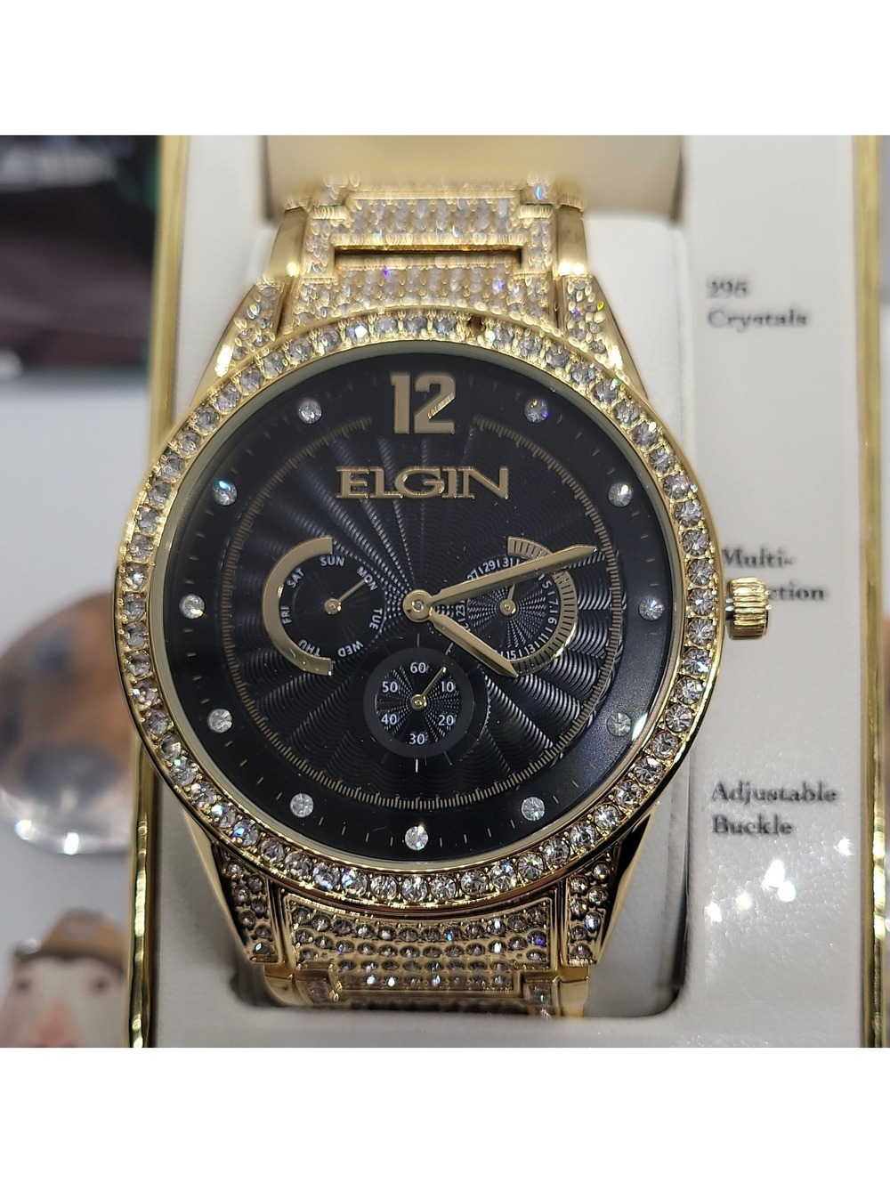 360 elgin gold-tone bracelet black dial diamond markers multi-function watch